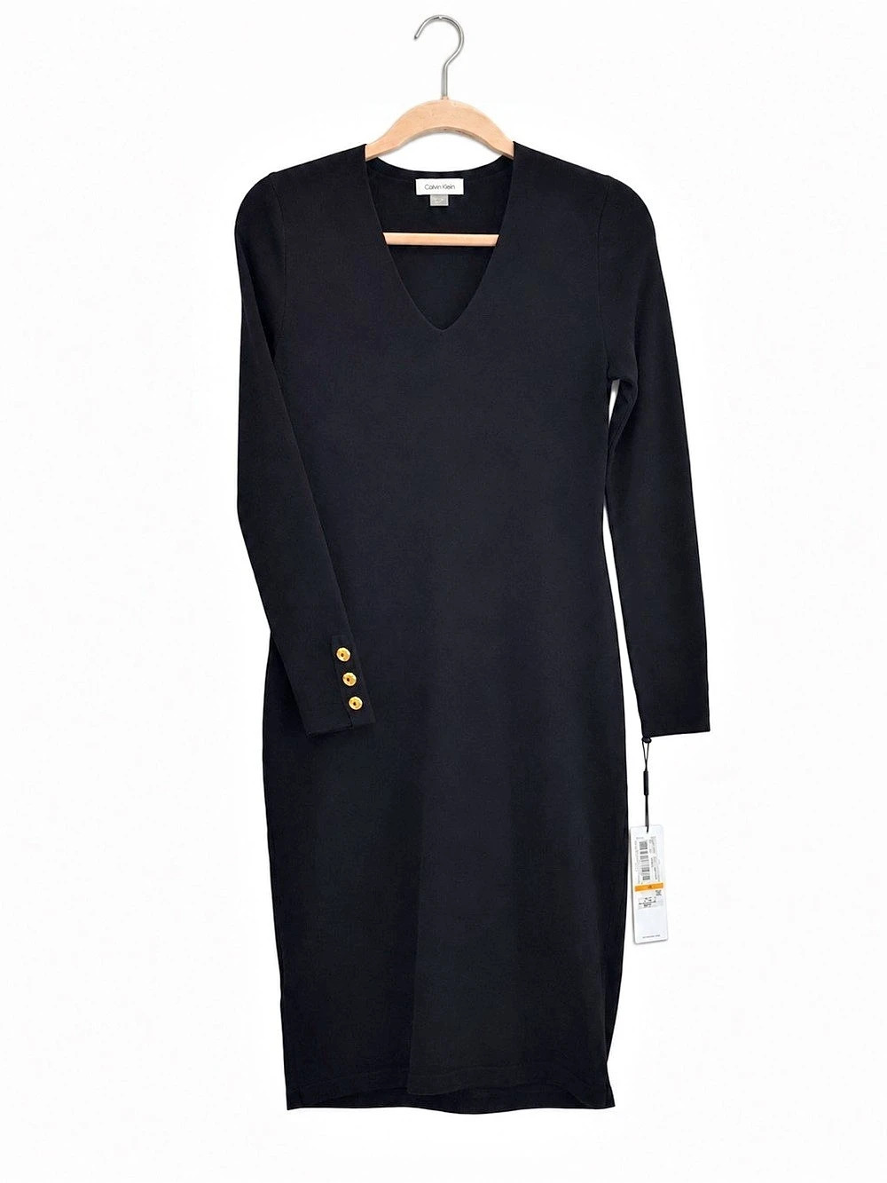 Calvin Klein Black Sweater Dress Gold Button V Neck NWT S - Picture 2 of 15